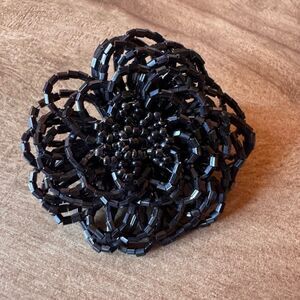 Metallic Black Seed Beads Flower Shaped Brooch Pin Witchy Whimsy Goth Steampunk